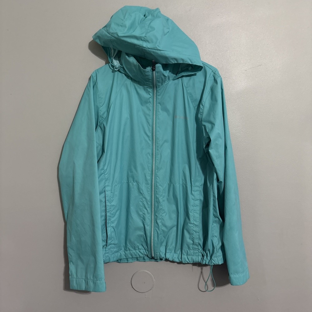 Columbia Womens Windbreaker‎ Jacket Blue Zip Up Hooded Drawstring Collared XL